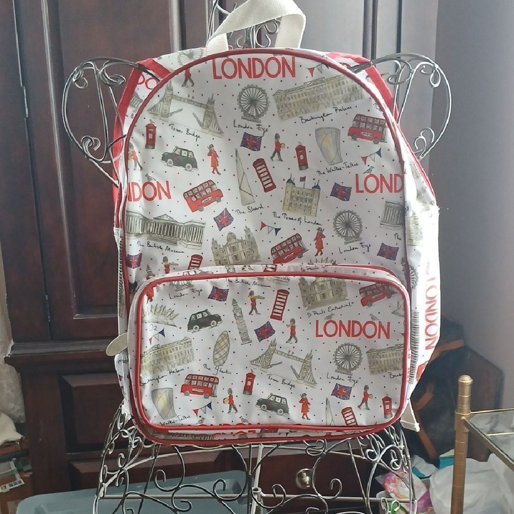 Milly Green London Themed Backpack with Red Accents